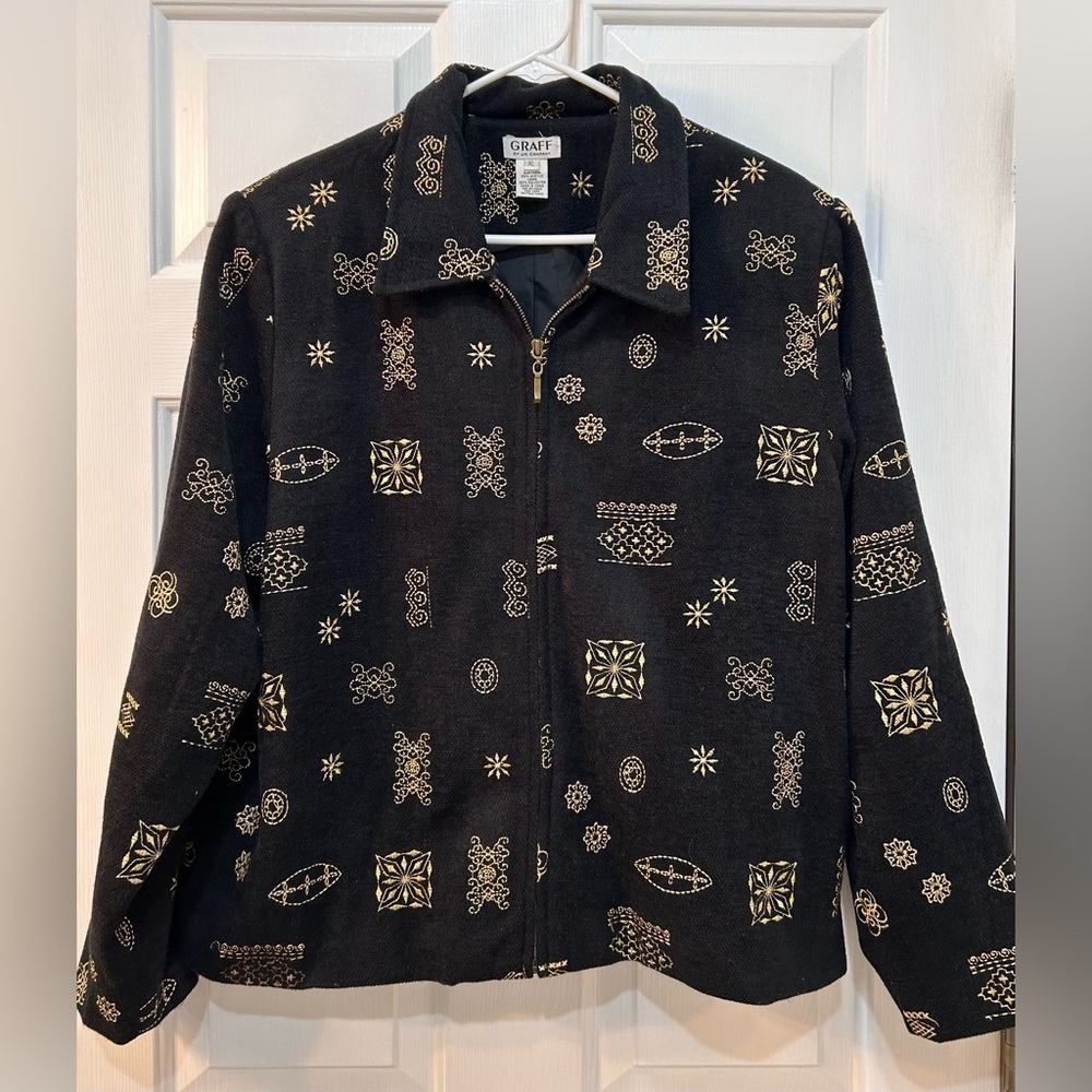 Vtg Graff Gold Embroideredโ Black Upholstery Jacket Women Size XL Shoulder Pads